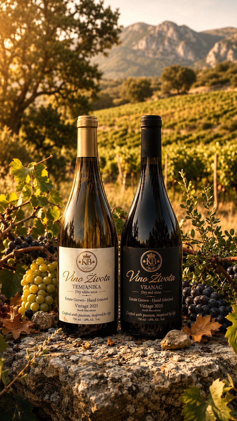 Vino Zivota bottles in vineyard